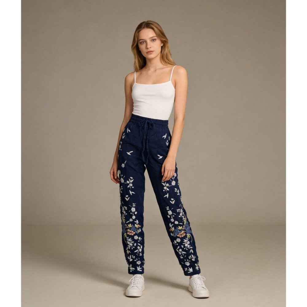 NWOT Johnny Was Biya Silk Blend Embroidered Floral Pants Womens Pull on Sz S